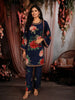 Deep Navy Blue Floral Printed Design Synthetic Palazzo Suit