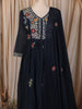 Deep Navy Blue Floral Thread Embroidered Design Cotton Anarkali Salwar Suit with Matching Dupatta
