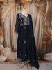Deep Navy Blue Floral Thread Embroidered Design Cotton Anarkali Salwar Suit with Matching Dupatta