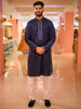 Deep Navy Blue Floral Thread Embroidered Design Cotton Men's Kurta with Contrast Pant
