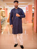 Deep Navy Blue Floral Thread Embroidered Design Cotton Men's Kurta with Contrast Pant