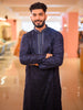 Deep Navy Blue Floral Thread Embroidered Design Cotton Men's Kurta with Contrast Pant