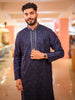 Deep Navy Blue Floral Thread Embroidered Design Cotton Men's Kurta with Contrast Pant