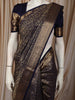 Deep Navy Blue Floral Vine Zari Woven Design Pure Kanchipuram Silk Saree with Zari Border