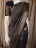 Deep Navy Blue Floral Vine Zari Woven Design Pure Kanchipuram Silk Saree with Zari Border
