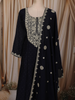 Deep Navy Blue Floral Zari Embroidered Design Silk Straight Cut Salwar Suit with Dupatta