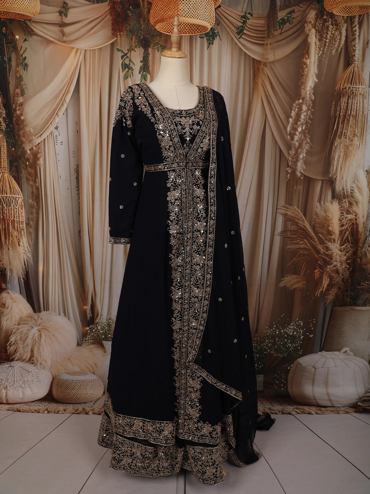 Deep Navy Blue Floral sequins and Zardozi Embroidered Design Georgette Mastani Gown with Dupatta