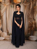 Deep Navy Blue Heavy Sequins and Beads Embroidered Design Satin Silk Skirt Top with Cape