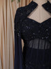 Deep Navy Blue Heavy Sequins and Beads Embroidered Design Satin Silk Skirt Top with Cape