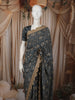Deep Navy Blue Ikat Printed Design Chiffon Party Wear Saree with Scalloped Sequins Border