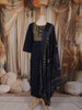 Deep Navy Blue Kalamkari Printed Design Cotton Straight Cut Salwar Suit with Dupatta