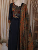 Deep Navy Blue Kalamkari Printed Design Cotton Straight Cut Salwar Suit with Dupatta