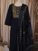 Deep Navy Blue Kalamkari Printed Design Cotton Straight Cut Salwar Suit with Dupatta