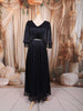 Deep Navy Blue Metallic Shimmer Pleated A-Line Party Wear Gown with Cape Sleeves