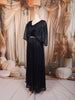 Deep Navy Blue Metallic Shimmer Pleated A-Line Party Wear Gown with Cape Sleeves