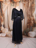 Deep Navy Blue Metallic Shimmer Pleated A-Line Party Wear Gown with Cape Sleeves