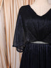 Deep Navy Blue Metallic Shimmer Pleated A-Line Party Wear Gown with Cape Sleeves