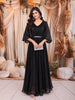 Deep Navy Blue Metallic Shimmer Pleated A-Line Party Wear Gown with Cape Sleeves