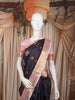 Deep Navy Blue Mini Checked and Peacock Butta Zari Woven Design Pure Kanchipuram Silk Saree with Contrast Zari Border