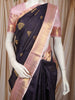 Deep Navy Blue Mini Checked and Peacock Butta Zari Woven Design Pure Kanchipuram Silk Saree with Contrast Zari Border