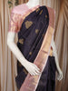 Deep Navy Blue Mini Checked and Peacock Butta Zari Woven Design Pure Kanchipuram Silk Saree with Contrast Zari Border