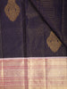 Deep Navy Blue Mini Checked and Peacock Butta Zari Woven Design Pure Kanchipuram Silk Saree with Contrast Zari Border