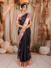 Deep Navy Blue Mini Checked and Peacock Butta Zari Woven Design Pure Kanchipuram Silk Saree with Contrast Zari Border