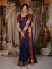 Deep Navy Blue Mini Checked with Butta Zari Woven Design Pure Kanchipuram Silk Saree with Contrast Zari Border