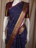 Deep Navy Blue Mini Checked with Butta Zari Woven Design Pure Kanchipuram Silk Saree with Contrast Zari Border