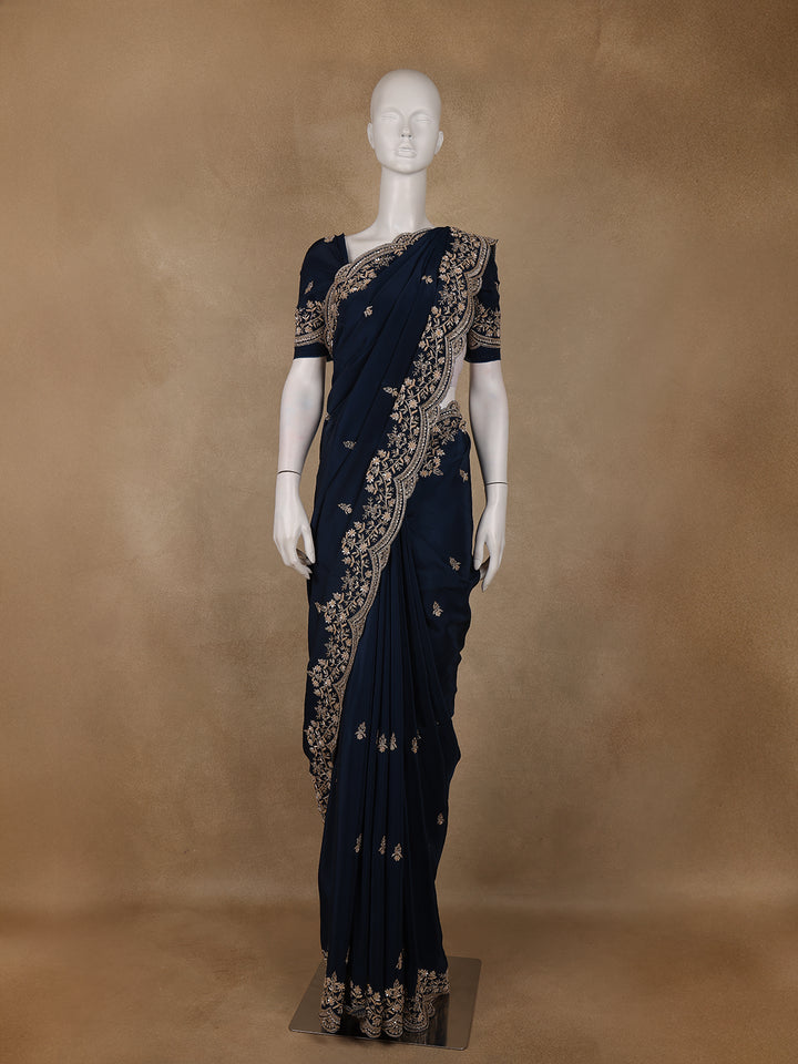 Deep Navy Blue Floral Embroidered Sequence Design Satin Saree - Diadem
