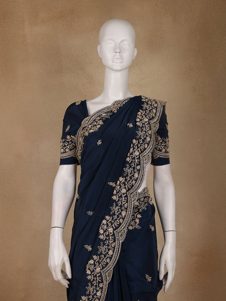 Deep Navy Blue Floral Embroidered Sequence Design Satin Saree - Diadem