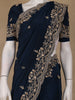Deep Navy Blue Floral Embroidered Sequence Design Satin Saree - Diadem