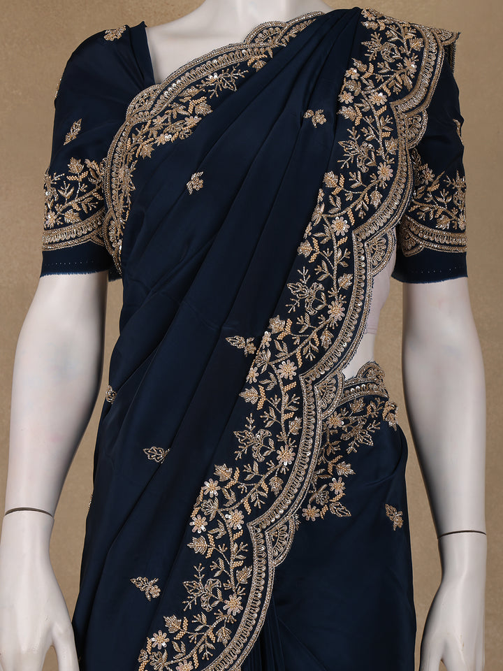 Deep Navy Blue Floral Embroidered Sequence Design Satin Saree - Diadem
