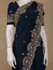 Deep Navy Blue Floral Embroidered Sequence Design Satin Saree - Diadem