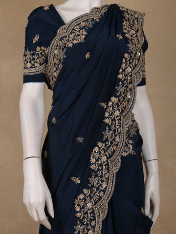 Deep Navy Blue Floral Embroidered Sequence Design Satin Saree - Diadem