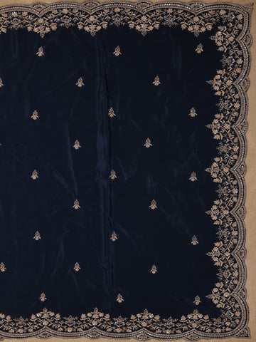 Deep Navy Blue Floral Embroidered Sequence Design Satin Saree - Diadem
