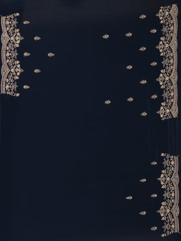 Deep Navy Blue Floral Embroidered Sequence Design Satin Saree - Diadem