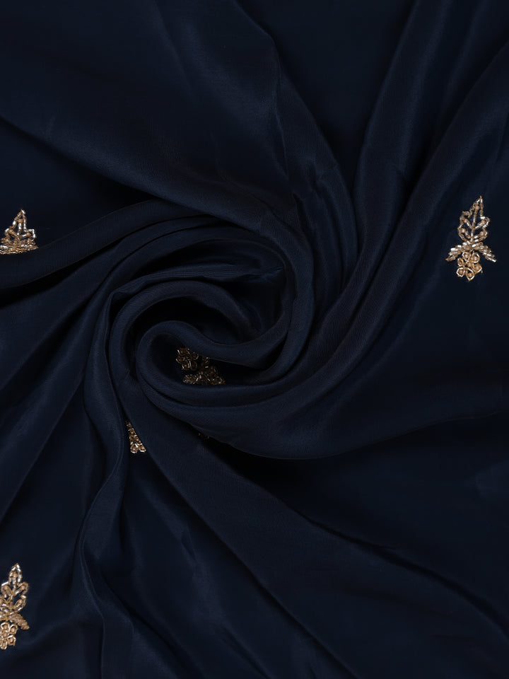 Deep Navy Blue Floral Embroidered Sequence Design Satin Saree - Diadem