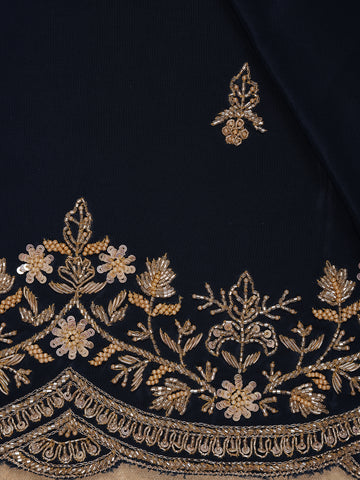 Deep Navy Blue Floral Embroidered Sequence Design Satin Saree - Diadem