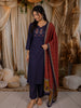 Deep Navy Blue Solid Woven Design Cotton Straight Cut Salwar Suit with Dupatta