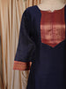 Deep Navy Blue Traditional Zari Woven Design Semi Silk Straight Cut Salwar Suit with Contrast Dupatta