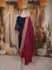 Deep Navy Blue Traditional Zari Woven Design Semi Silk Straight Cut Salwar Suit with Contrast Dupatta