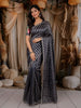Deep Navy Blue Vertical Striped Zari Woven Design Pure Tissue Silk Party Wear Saree with Floral Border