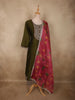 Deep Olive Forest Green Floral Embroidered Design Silk Salwar Suit with Contrast Dupatta