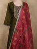 Deep Olive Forest Green Floral Embroidered Design Silk Salwar Suit with Contrast Dupatta