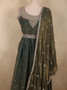 Deep Olive Green Beads and Mirror Embroidered Design Organza Party Wear Gown with Hip Belt