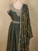 Deep Olive Green Beads and Mirror Embroidered Design Organza Party Wear Gown with Hip Belt