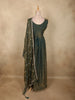 Deep Olive Green Beads and Mirror Embroidered Design Organza Party Wear Gown with Hip Belt
