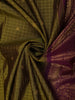 Deep Olive Green Mini Checked Zari Woven Design Pure Kanchipuram Silk Saree with Contrast Peacock Zari Border