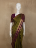 Deep Olive Green Mini Checked Zari Woven Design Pure Kanchipuram Silk Saree with Contrast Peacock Zari Border